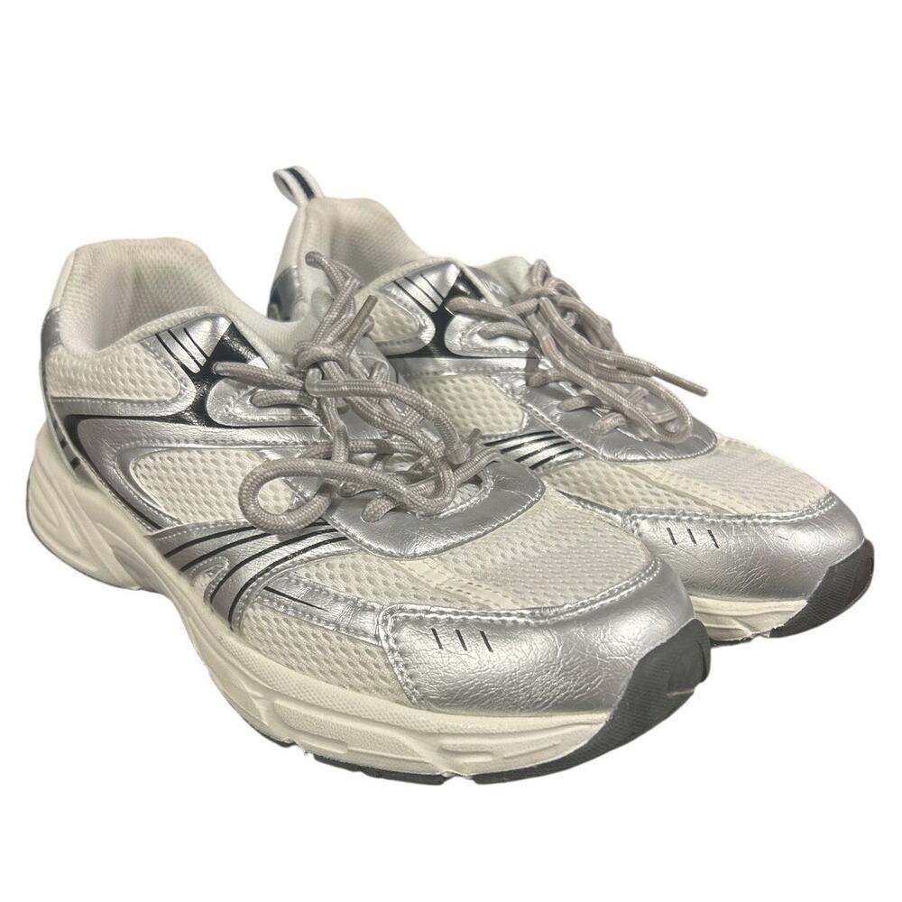 Lucky Step Womens Size 9 White Silver Mesh Lace Up Air Cooled Athletic Shoes